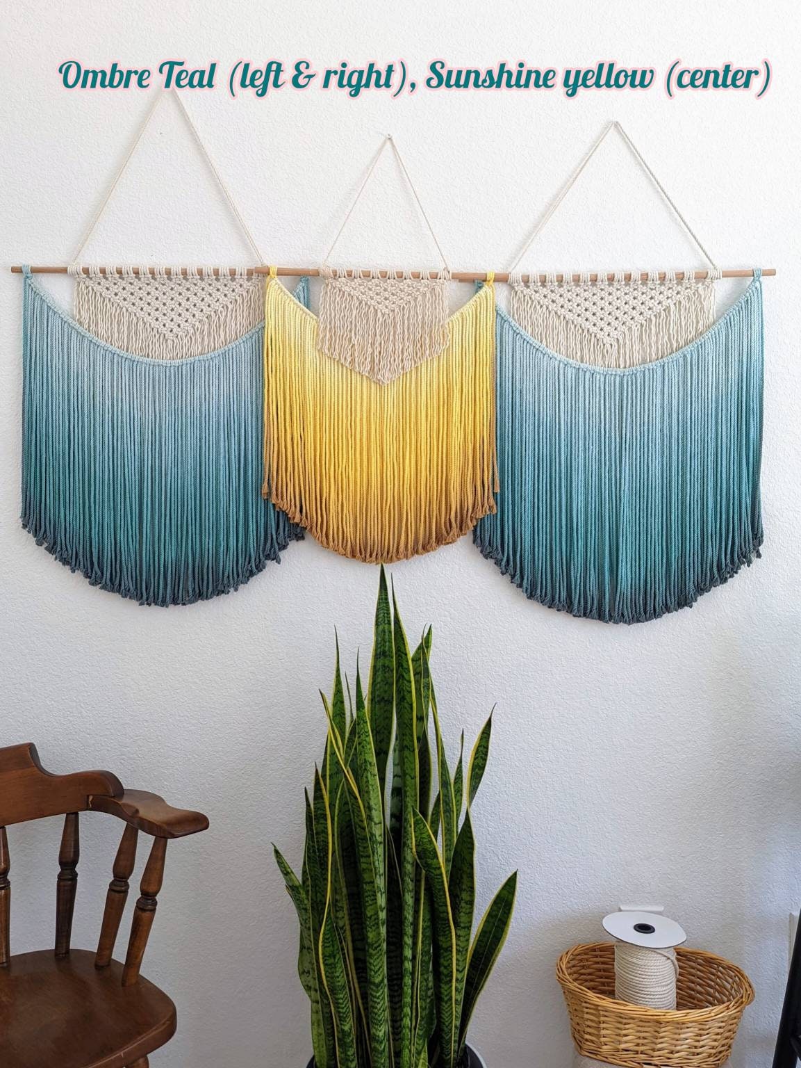 Handmade Macrame wall hanging in Sunshine Yellow, Bohemian home Decor, Handwoven and Dip-Dyed Tapestry, Chic Ombre Natural Cotton Art Piece