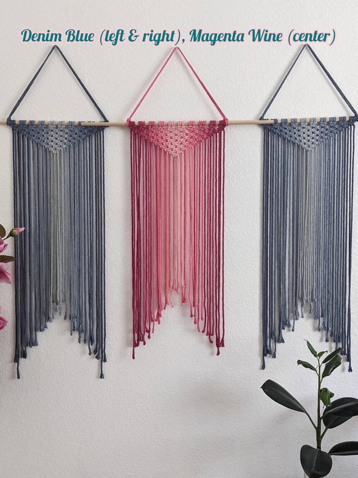 Large Handmade Minimalist wall hanging, Royal Blue Boho Ombre tapestry, Macrame Art on wooden dowel with Cotton Cords, Chic design & Decor