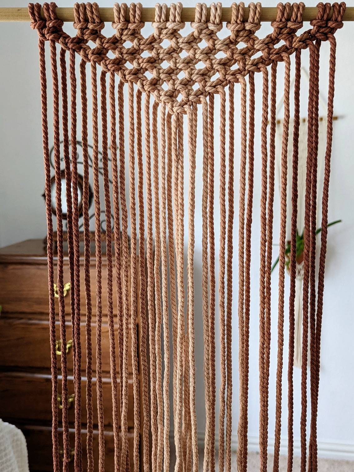 Large Handmade Minimalist wall hanging, Beige and Brown Boho Ombre tapestry, Macrame Art on wooden dowel + Cotton Cords, Chic design & Decor