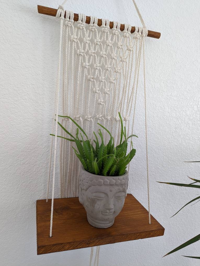 Handmade Boho Macrame wooden Shelf for Plants, Bedroom / Bathroom Decor, Decorative shel, Floating Shelf for Indoor/Outdoor, Wall Decor Rack