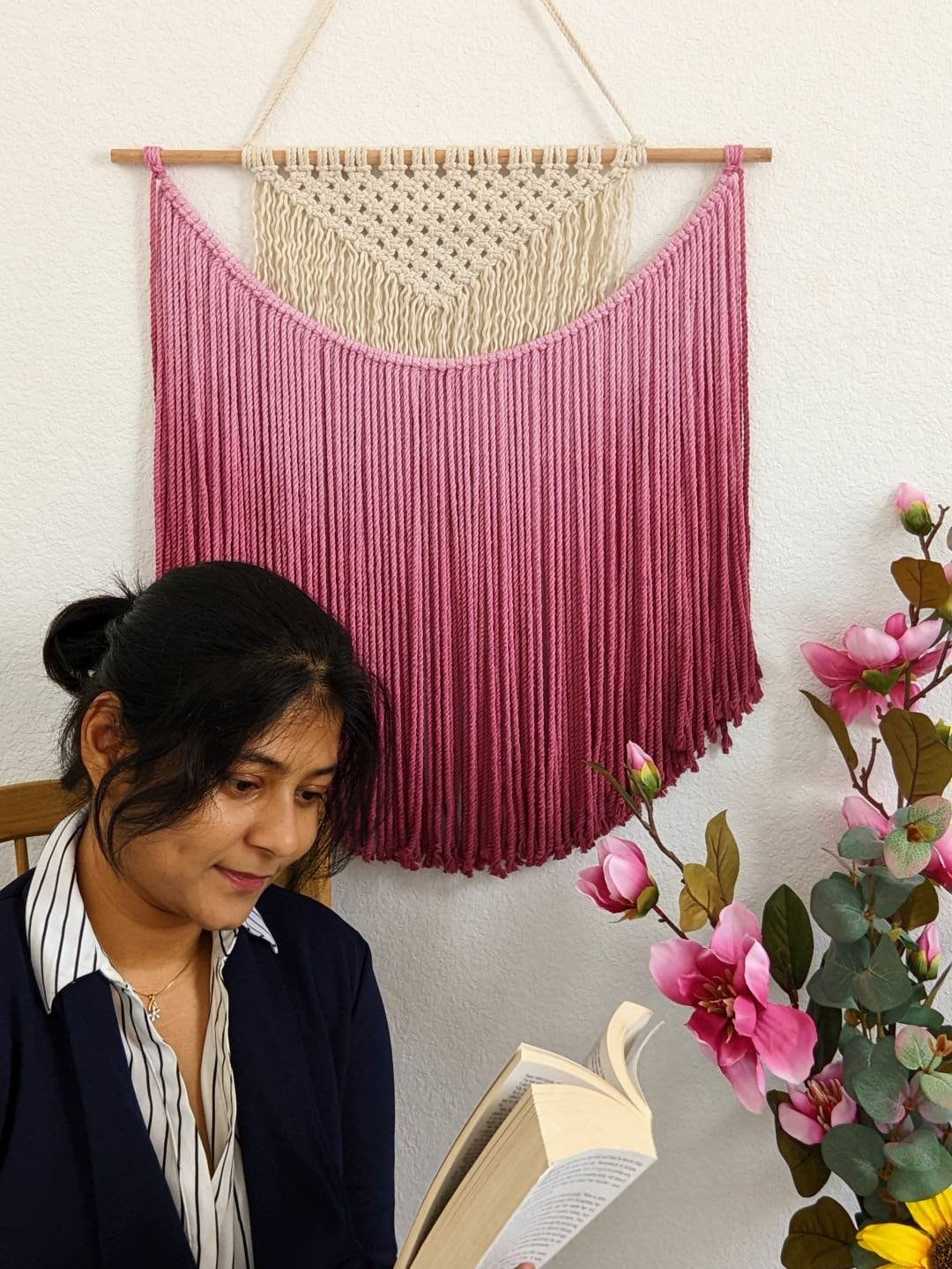 Handmade Macrame wall hanging in Magenta Pink, Bohemian home Decor, Handwoven and Dip-Dyed Tapestry, Chic Ombre Natural Cotton Art Piece