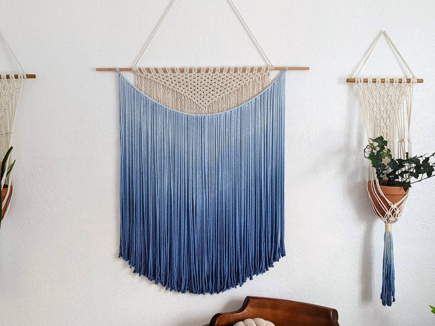 Handmade Macrame wall hanging in Ombre Royal Blue, Bohemian home Decor, Handwoven and Dip-Dyed Tapestry, Chic Ombre Natural Cotton Art Piece