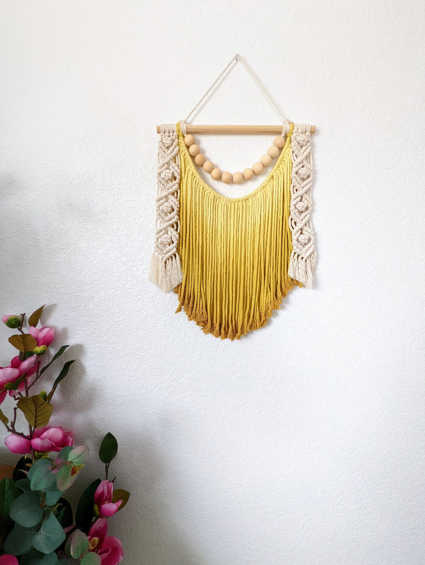 Ombre handmade beaded Macrame wall hanging, Bohemian Wall decor, Dip dyed wall tapestry, Beautiful natural cotton art piece with wooden bead