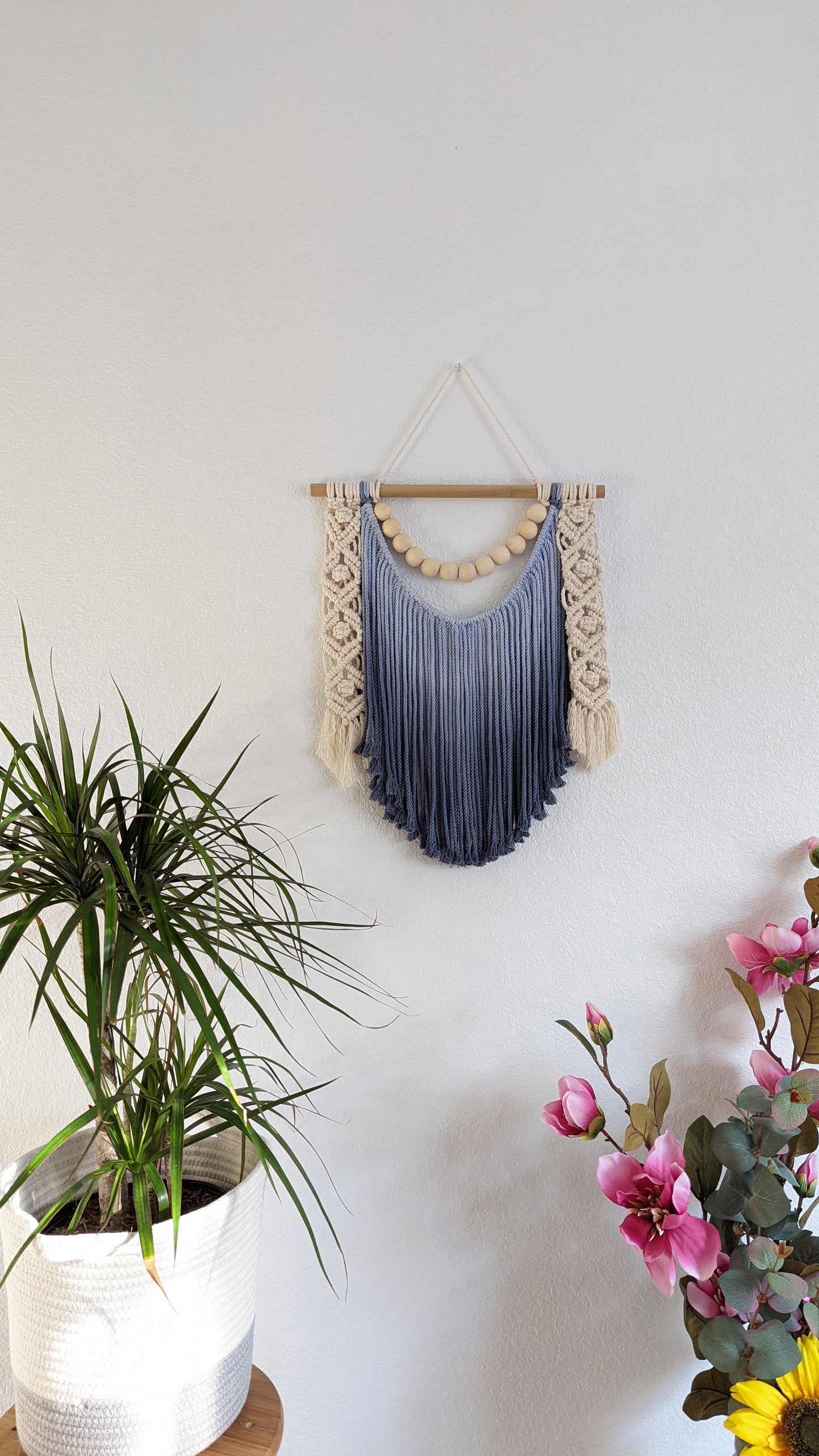 Ombre handmade beaded Macrame wall hanging, Bohemian Wall decor, Dip dyed wall tapestry, Beautiful natural cotton art piece with wooden bead