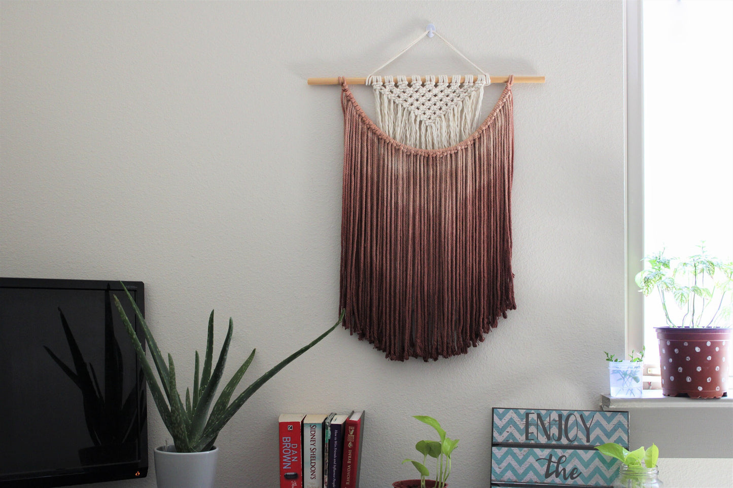 Handmade Macrame wall hanging in Chocolate Brown, Bohemian home Decor, Handwoven and Dip-Dyed Tapestry, Chic Ombre Natural Cotton Art Piece