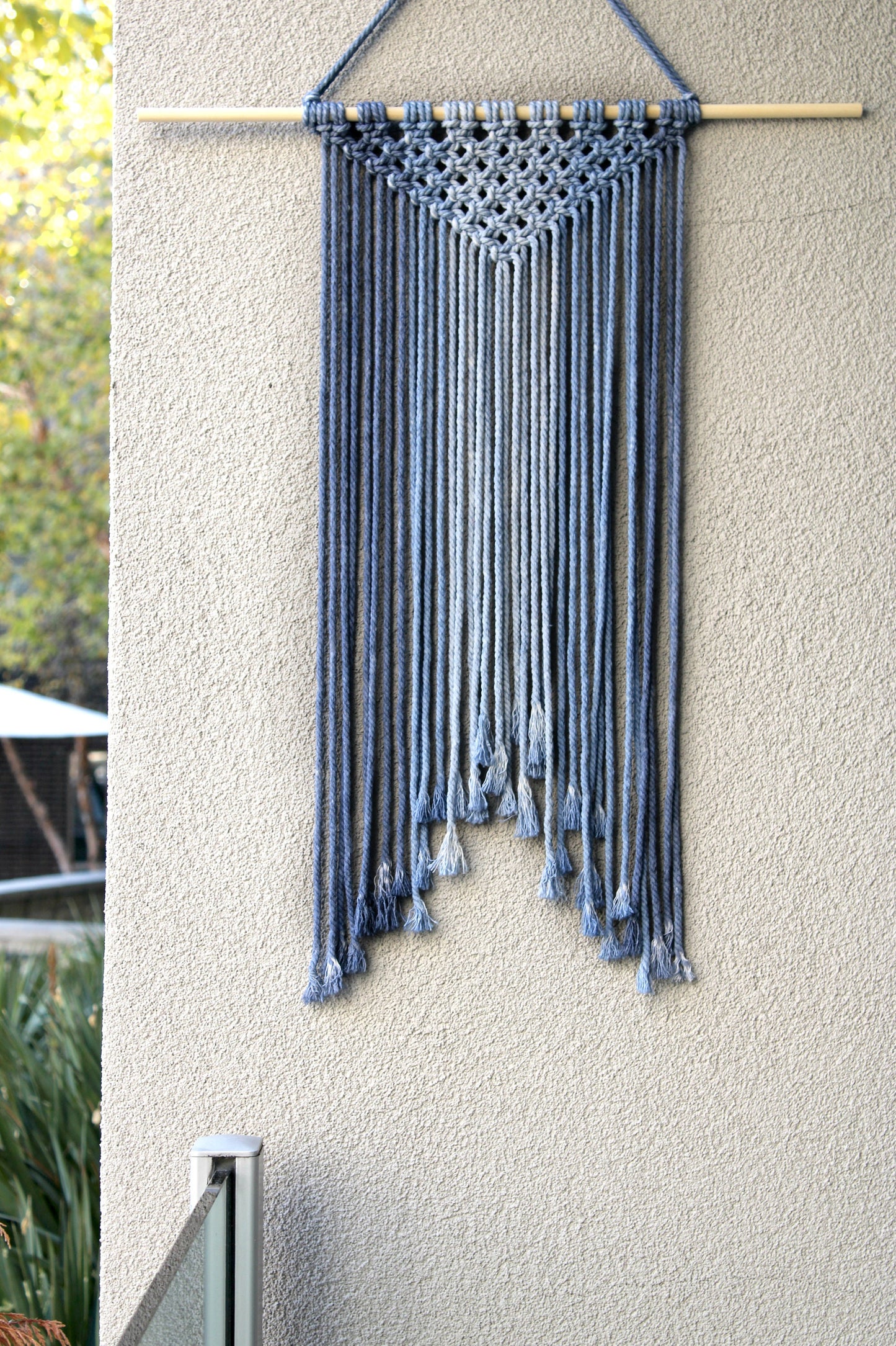 Large Handmade Minimalist wall hanging, Royal Blue Boho Ombre tapestry, Macrame Art on wooden dowel with Cotton Cords, Chic design & Decor