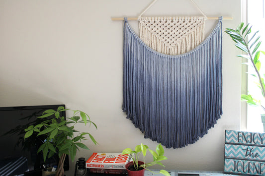 Handmade Macrame wall hanging in Ombre Royal Blue, Bohemian home Decor, Handwoven and Dip-Dyed Tapestry, Chic Ombre Natural Cotton Art Piece