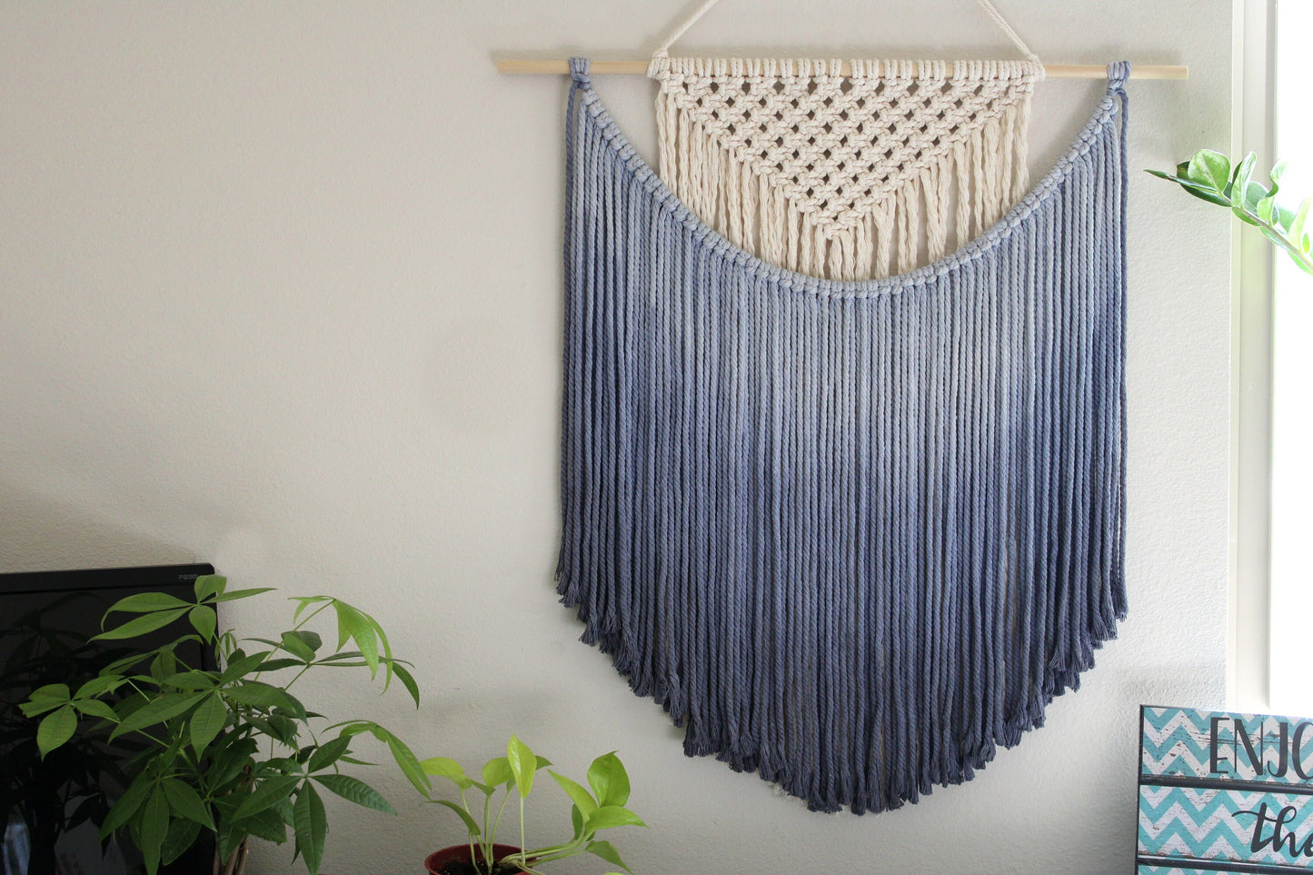 Handmade Macrame wall hanging in Ombre Royal Blue, Bohemian home Decor, Handwoven and Dip-Dyed Tapestry, Chic Ombre Natural Cotton Art Piece