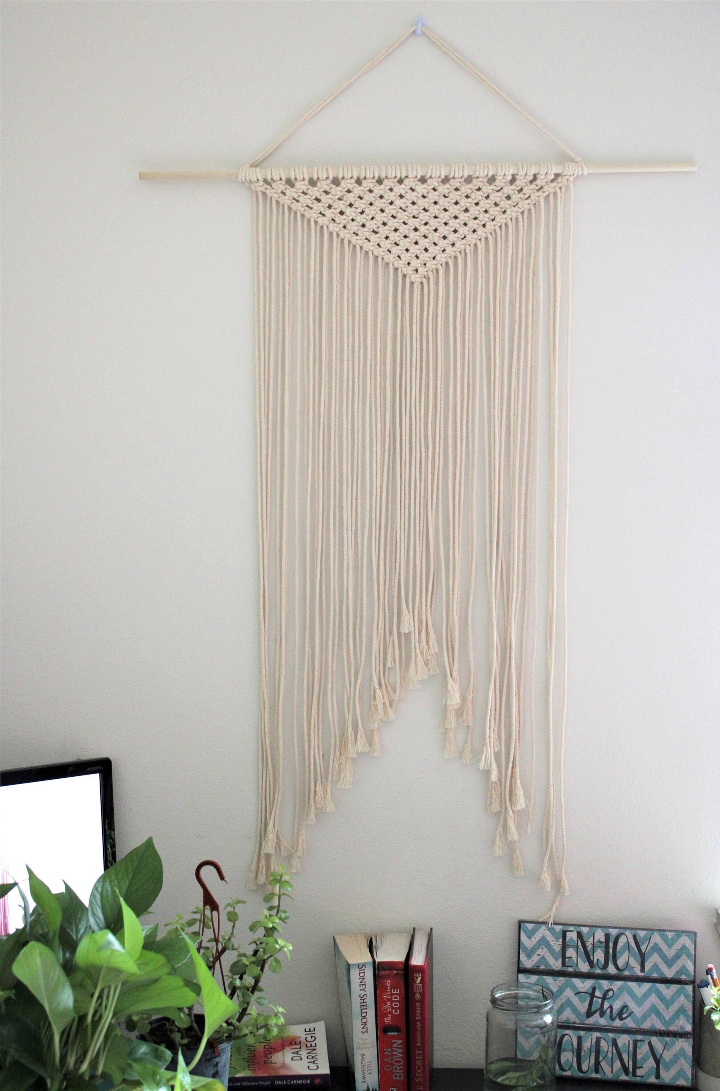 Large Handmade Minimalist wall hanging, Natural Off-White Boho Ombre tapestry, Macrame Art on wooden dowel with Cotton Cords, Chic Decor