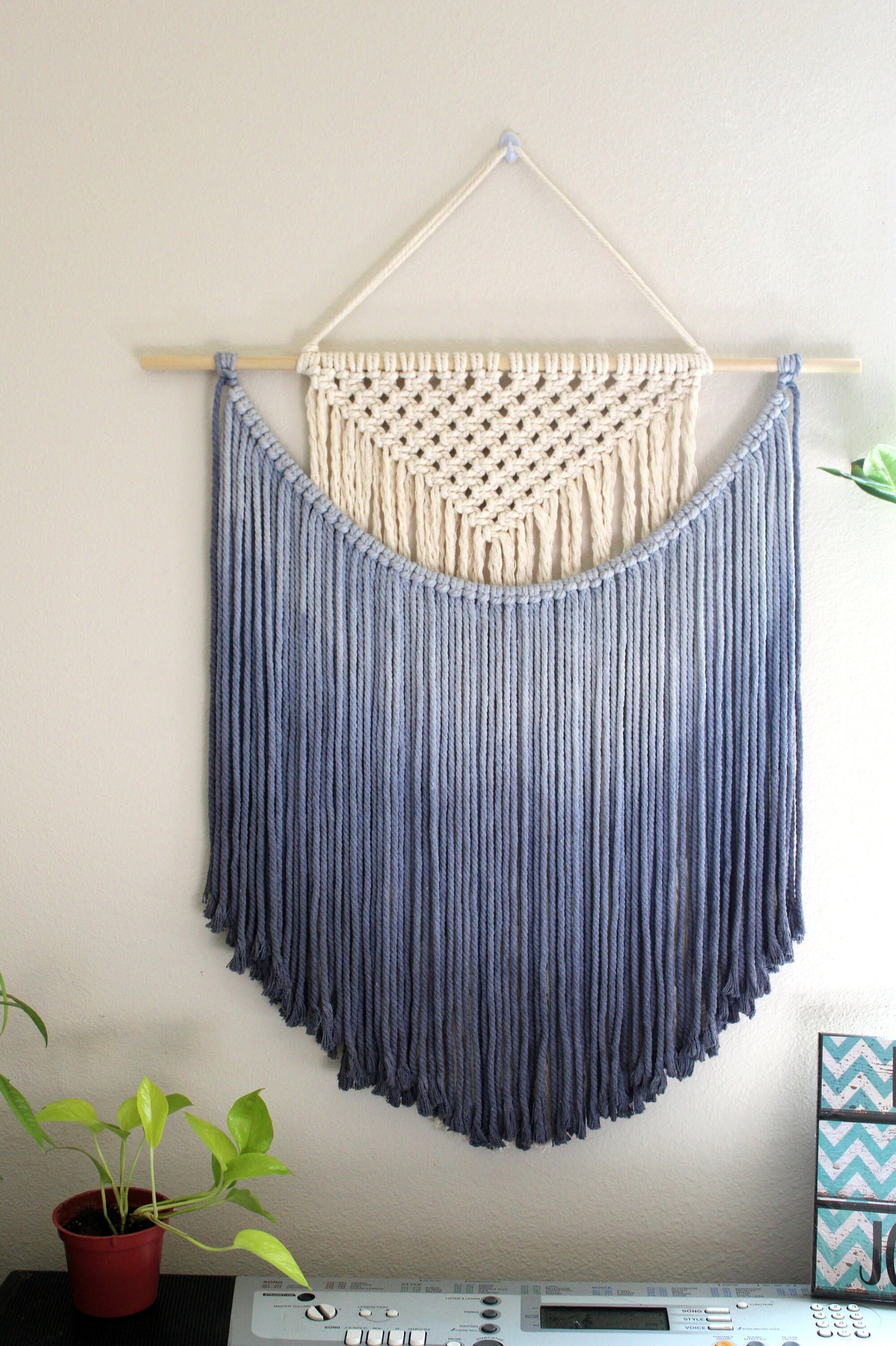 Handmade Macrame wall hanging in Ombre Royal Blue, Bohemian home Decor, Handwoven and Dip-Dyed Tapestry, Chic Ombre Natural Cotton Art Piece