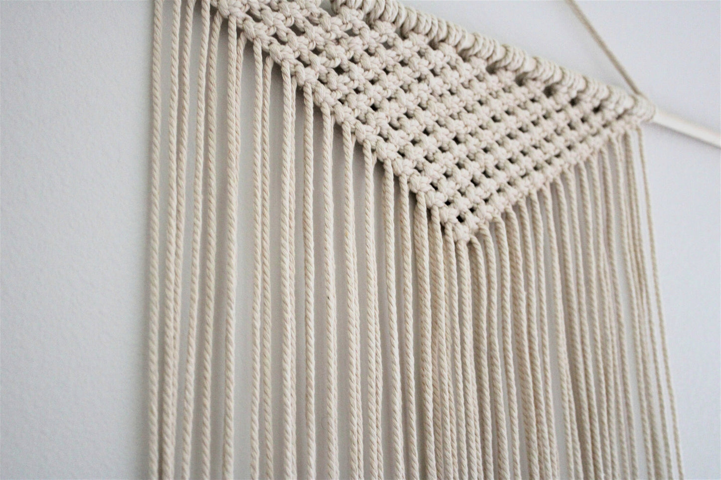 Large Handmade Minimalist wall hanging, Natural Off-White Boho Ombre tapestry, Macrame Art on wooden dowel with Cotton Cords, Chic Decor