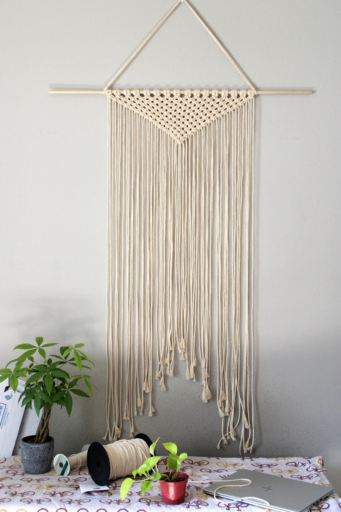 Large Handmade Minimalist wall hanging, Natural Off-White Boho Ombre tapestry, Macrame Art on wooden dowel with Cotton Cords, Chic Decor