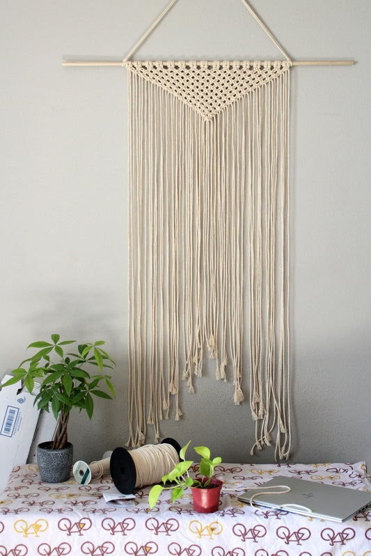 Large Handmade Minimalist wall hanging, Natural Off-White Boho Ombre tapestry, Macrame Art on wooden dowel with Cotton Cords, Chic Decor