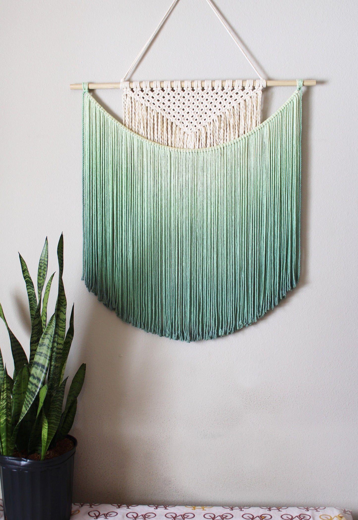 Handmade Macrame wall hanging in Ombre Green, Bohemian home Decor, Handwoven and Dip-Dyed Tapestry, Chic Ombre Natural Cotton Art Piece