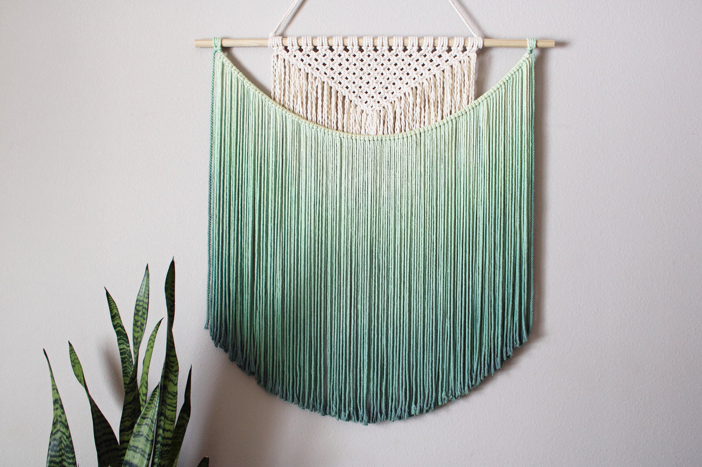 Handmade Macrame wall hanging in Ombre Green, Bohemian home Decor, Handwoven and Dip-Dyed Tapestry, Chic Ombre Natural Cotton Art Piece