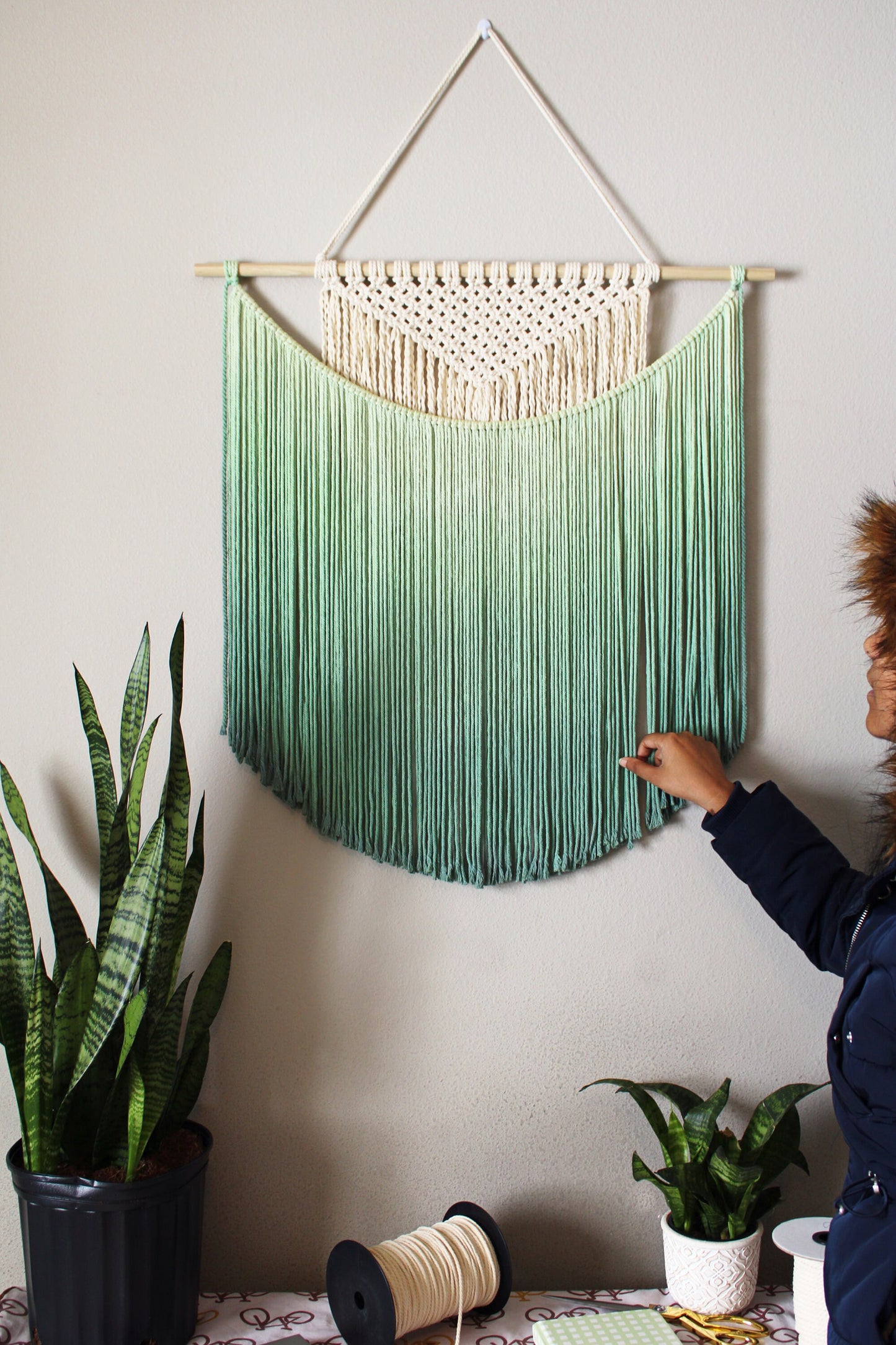 Handmade Macrame wall hanging in Ombre Green, Bohemian home Decor, Handwoven and Dip-Dyed Tapestry, Chic Ombre Natural Cotton Art Piece