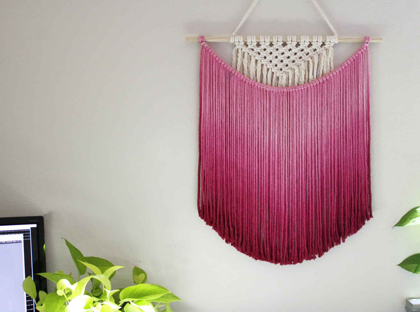 Handmade Macrame wall hanging in Magenta Pink, Bohemian home Decor, Handwoven and Dip-Dyed Tapestry, Chic Ombre Natural Cotton Art Piece