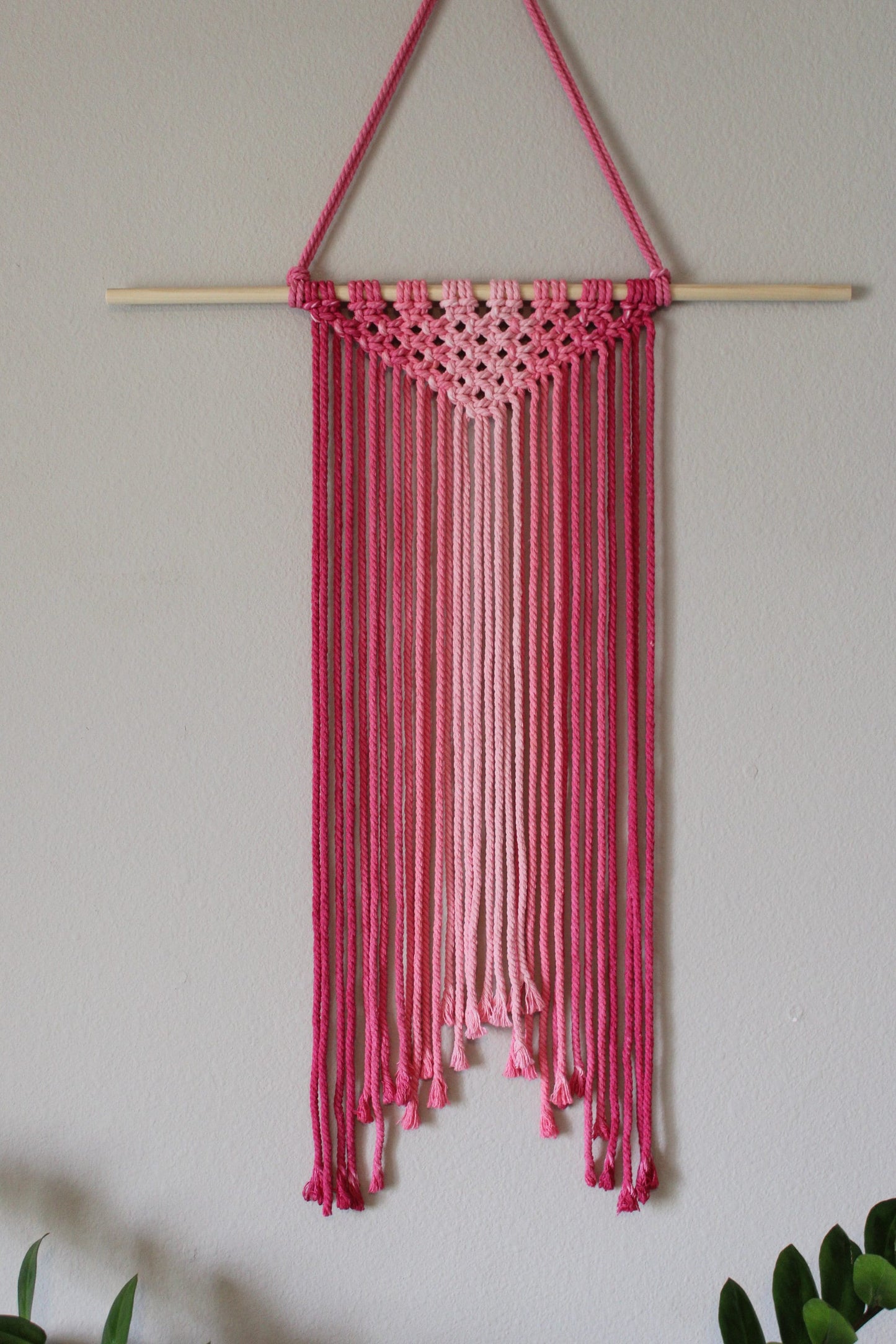 Large Handmade Minimalist wall hanging, Magenta Pink Boho Ombre tapestry, Macrame Art on wooden dowel with Cotton Cords, Chic design & Decor