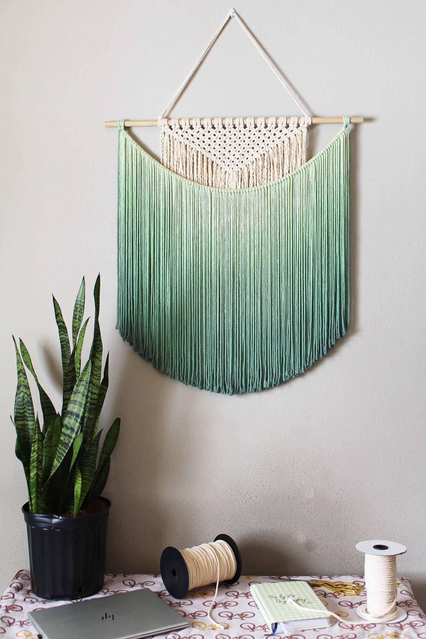 Handmade Macrame wall hanging in Ombre Green, Bohemian home Decor, Handwoven and Dip-Dyed Tapestry, Chic Ombre Natural Cotton Art Piece