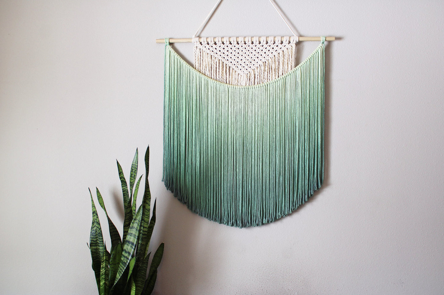 Handmade Macrame wall hanging in Ombre Green, Bohemian home Decor, Handwoven and Dip-Dyed Tapestry, Chic Ombre Natural Cotton Art Piece