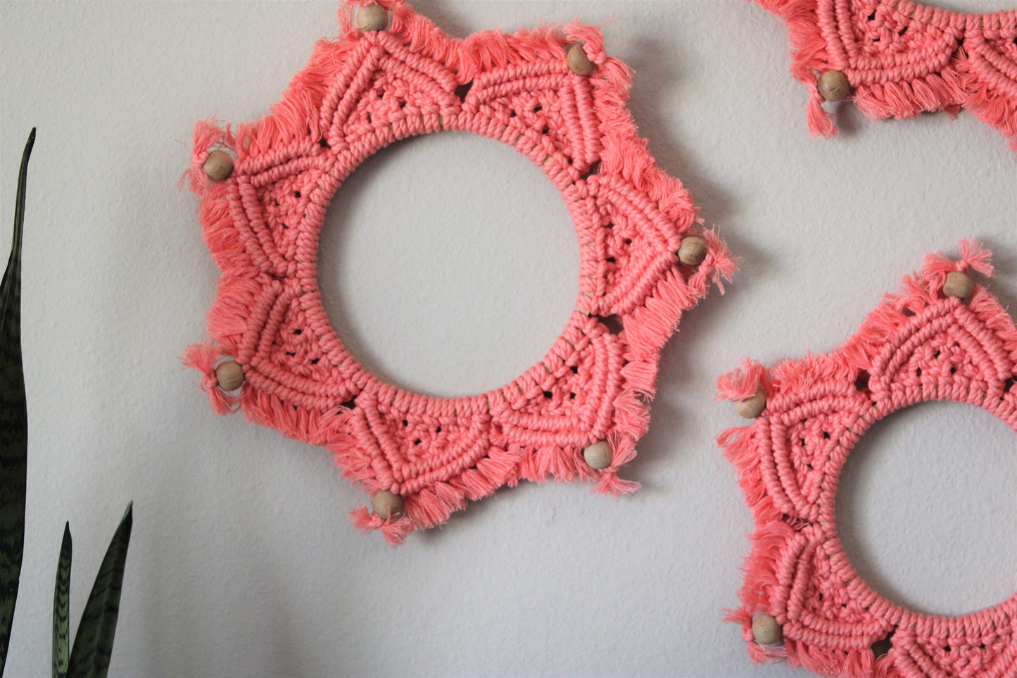 Set of 3 Handmade Macrame Mandala Art in coral pink, bohemian Wall Hanging, Handwoven Wreath Tapestry, Vibrant Color decor for Living Room