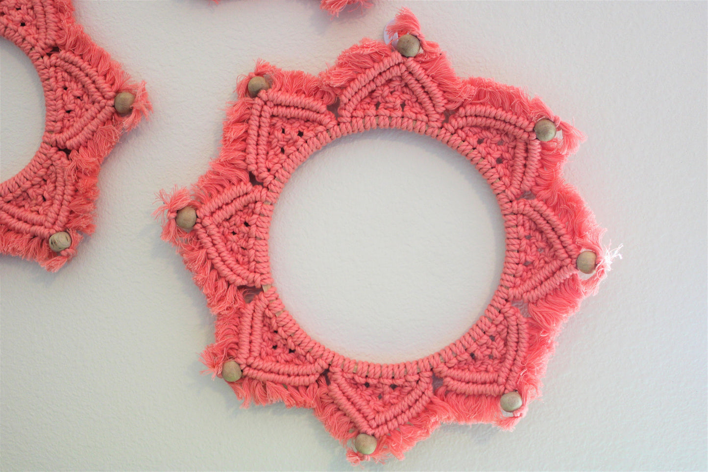 Set of 3 Handmade Macrame Mandala Art in coral pink, bohemian Wall Hanging, Handwoven Wreath Tapestry, Vibrant Color decor for Living Room