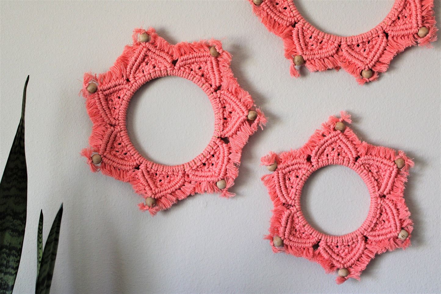 Set of 3 Handmade Macrame Mandala Art in coral pink, bohemian Wall Hanging, Handwoven Wreath Tapestry, Vibrant Color decor for Living Room