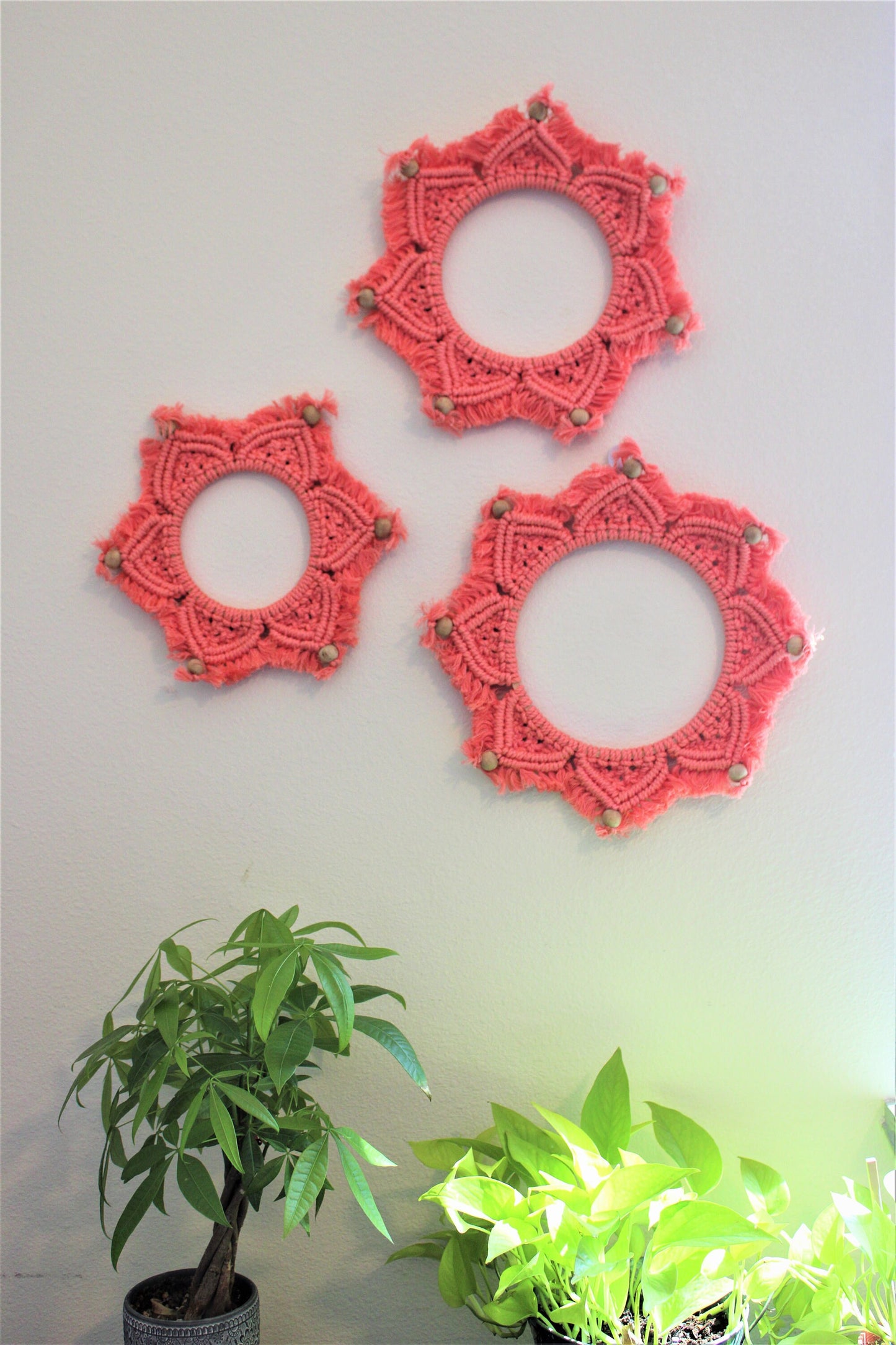 Set of 3 Handmade Macrame Mandala Art in coral pink, bohemian Wall Hanging, Handwoven Wreath Tapestry, Vibrant Color decor for Living Room