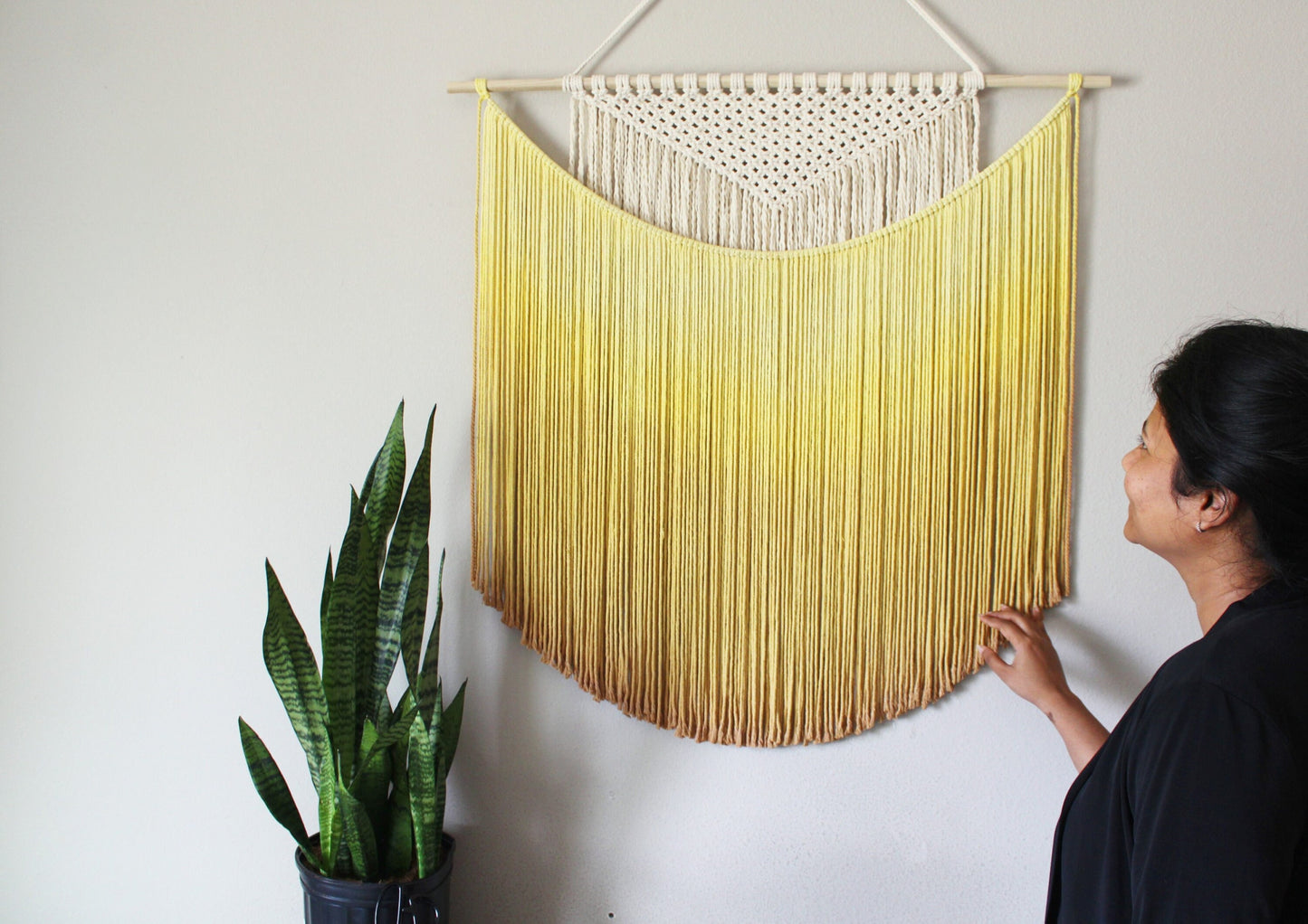 Handmade Macrame wall hanging in Sunshine Yellow, Bohemian home Decor, Handwoven and Dip-Dyed Tapestry, Chic Ombre Natural Cotton Art Piece