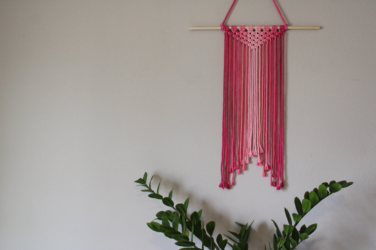 Large Handmade Minimalist wall hanging, Magenta Pink Boho Ombre tapestry, Macrame Art on wooden dowel with Cotton Cords, Chic design & Decor