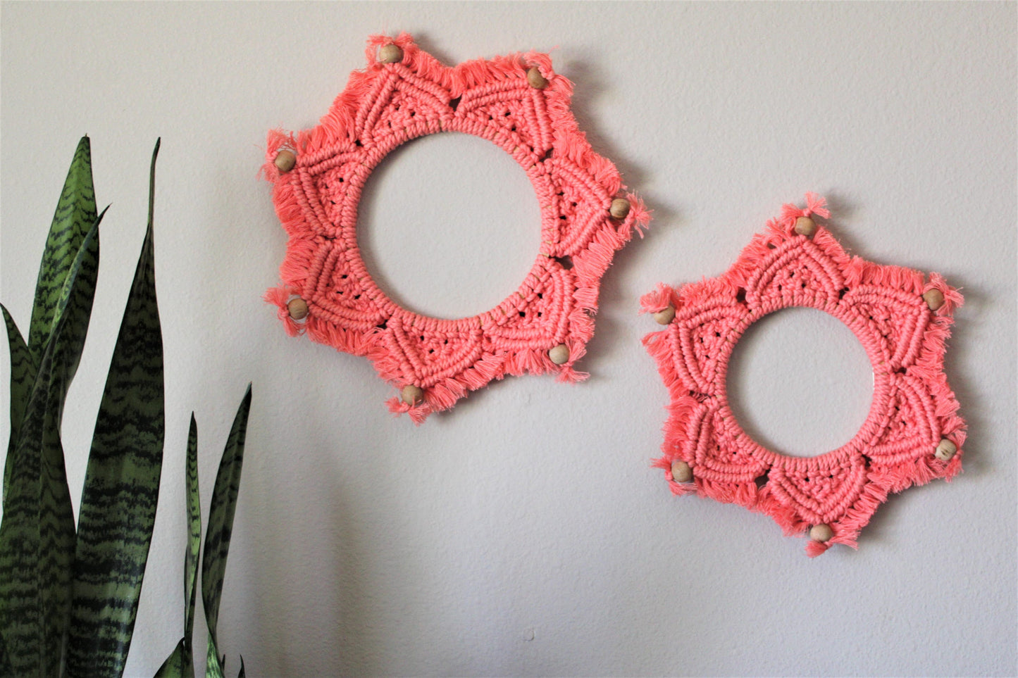 Set of 3 Handmade Macrame Mandala Art in coral pink, bohemian Wall Hanging, Handwoven Wreath Tapestry, Vibrant Color decor for Living Room