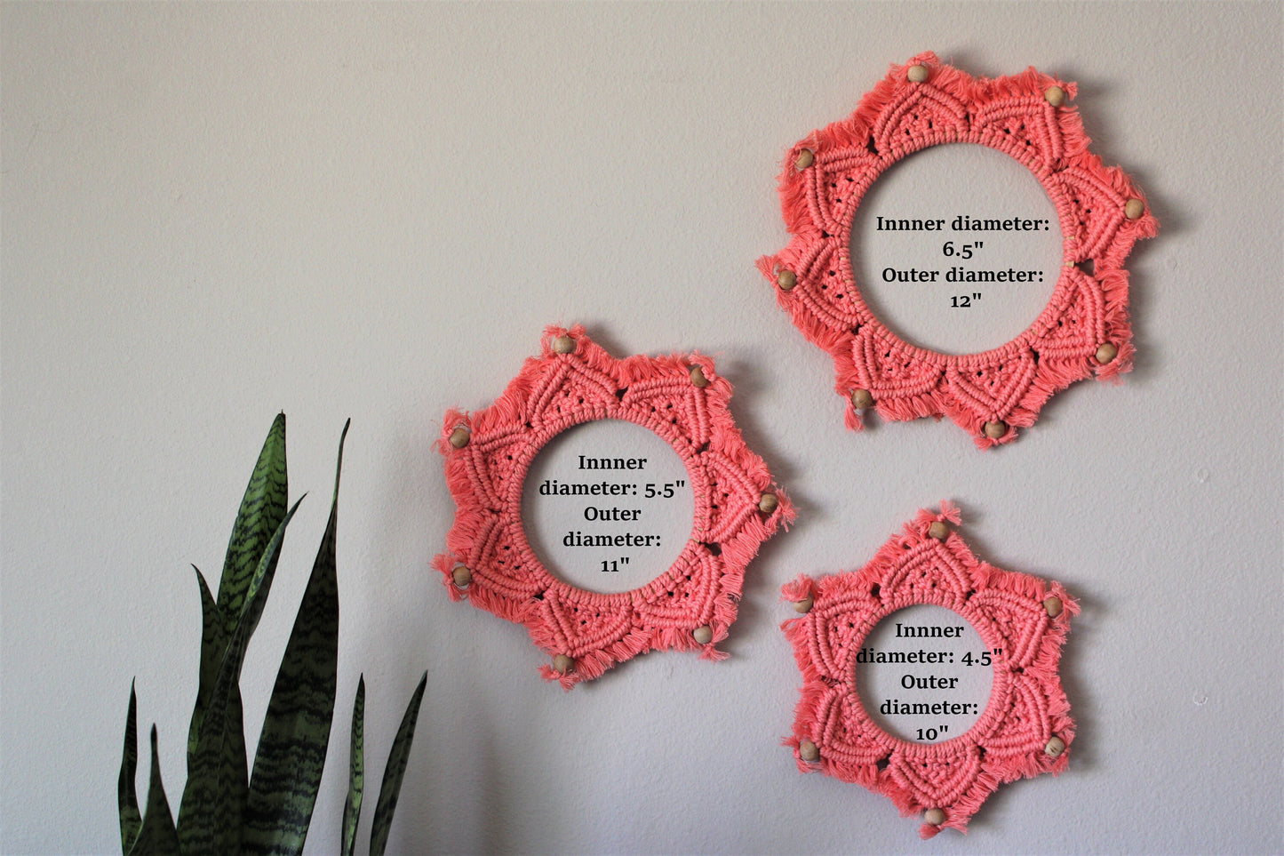 Set of 3 Handmade Macrame Mandala Art in coral pink, bohemian Wall Hanging, Handwoven Wreath Tapestry, Vibrant Color decor for Living Room