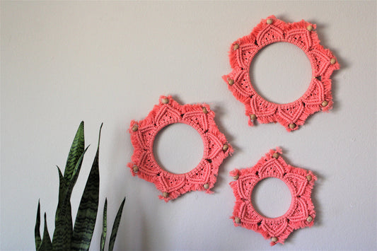 Set of 3 Handmade Macrame Mandala Art in coral pink, bohemian Wall Hanging, Handwoven Wreath Tapestry, Vibrant Color decor for Living Room