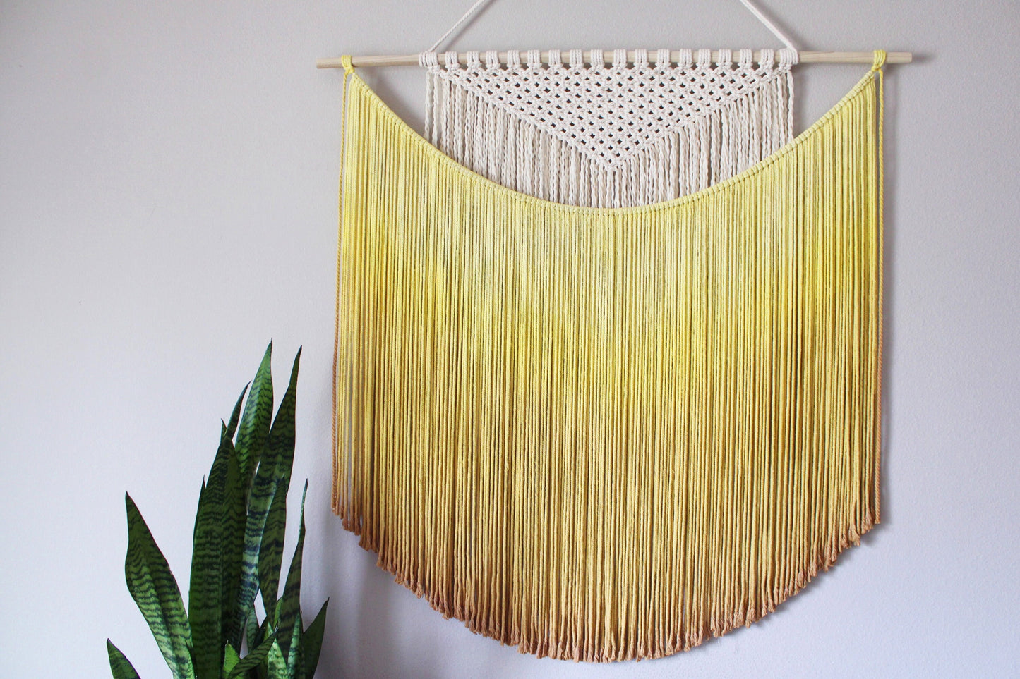 Handmade Macrame wall hanging in Sunshine Yellow, Bohemian home Decor, Handwoven and Dip-Dyed Tapestry, Chic Ombre Natural Cotton Art Piece