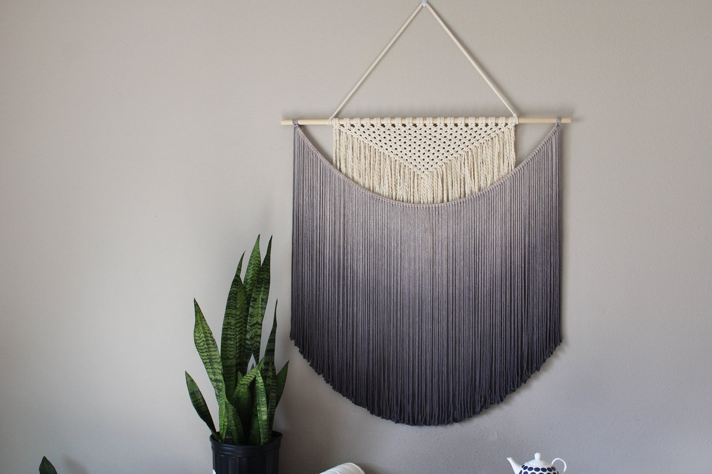 Handmade Macrame wall hanging in Ombre Gray Color, Bohemian home Decor, Handwoven and Dip-Dyed Tapestry, Chic Ombre Natural Cotton Art Piece