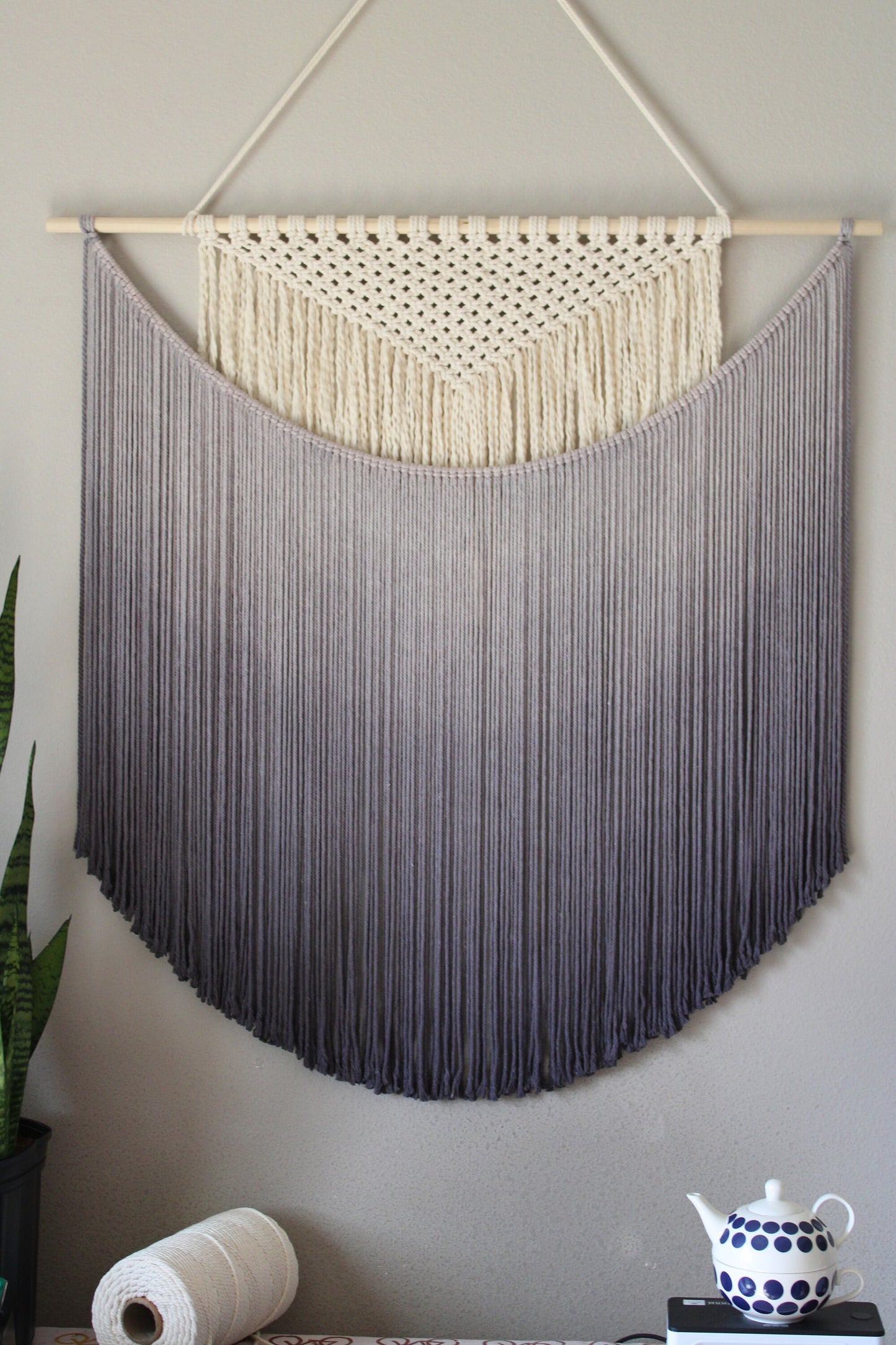 Handmade Macrame wall hanging in Ombre Gray Color, Bohemian home Decor, Handwoven and Dip-Dyed Tapestry, Chic Ombre Natural Cotton Art Piece