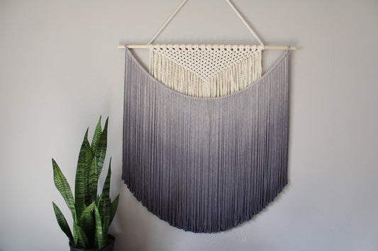 Handmade Macrame wall hanging in Ombre Gray Color, Bohemian home Decor, Handwoven and Dip-Dyed Tapestry, Chic Ombre Natural Cotton Art Piece