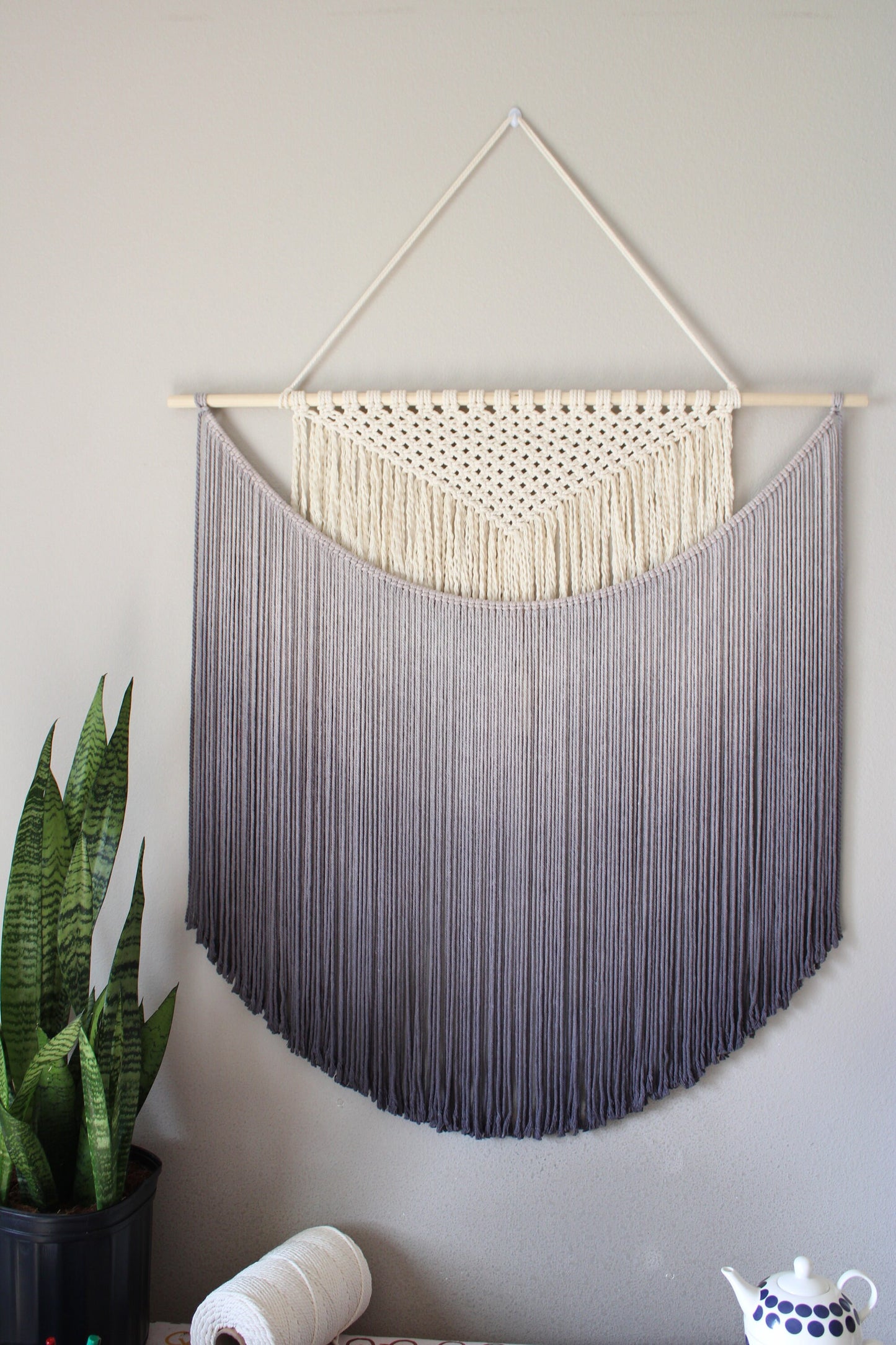 Handmade Macrame wall hanging in Ombre Gray Color, Bohemian home Decor, Handwoven and Dip-Dyed Tapestry, Chic Ombre Natural Cotton Art Piece