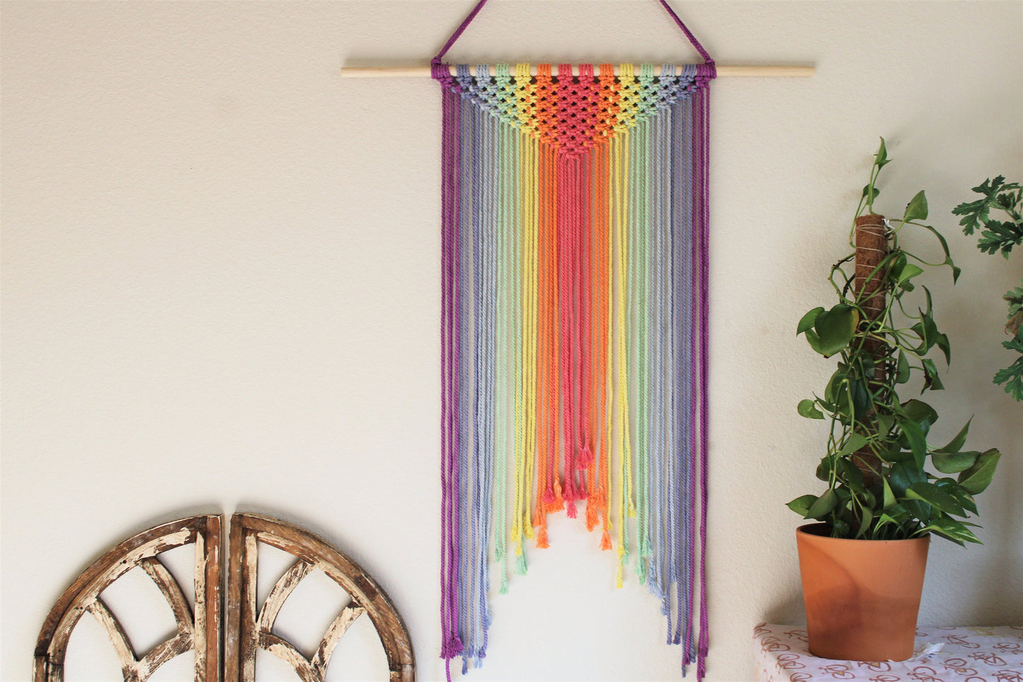 rainbow macrame plant hanger Macrame Handmade Rainbow wall hanging, Textile wall art, Unique home decor, Colorful wall tapestry, Nursery/Living room/Entryway decor