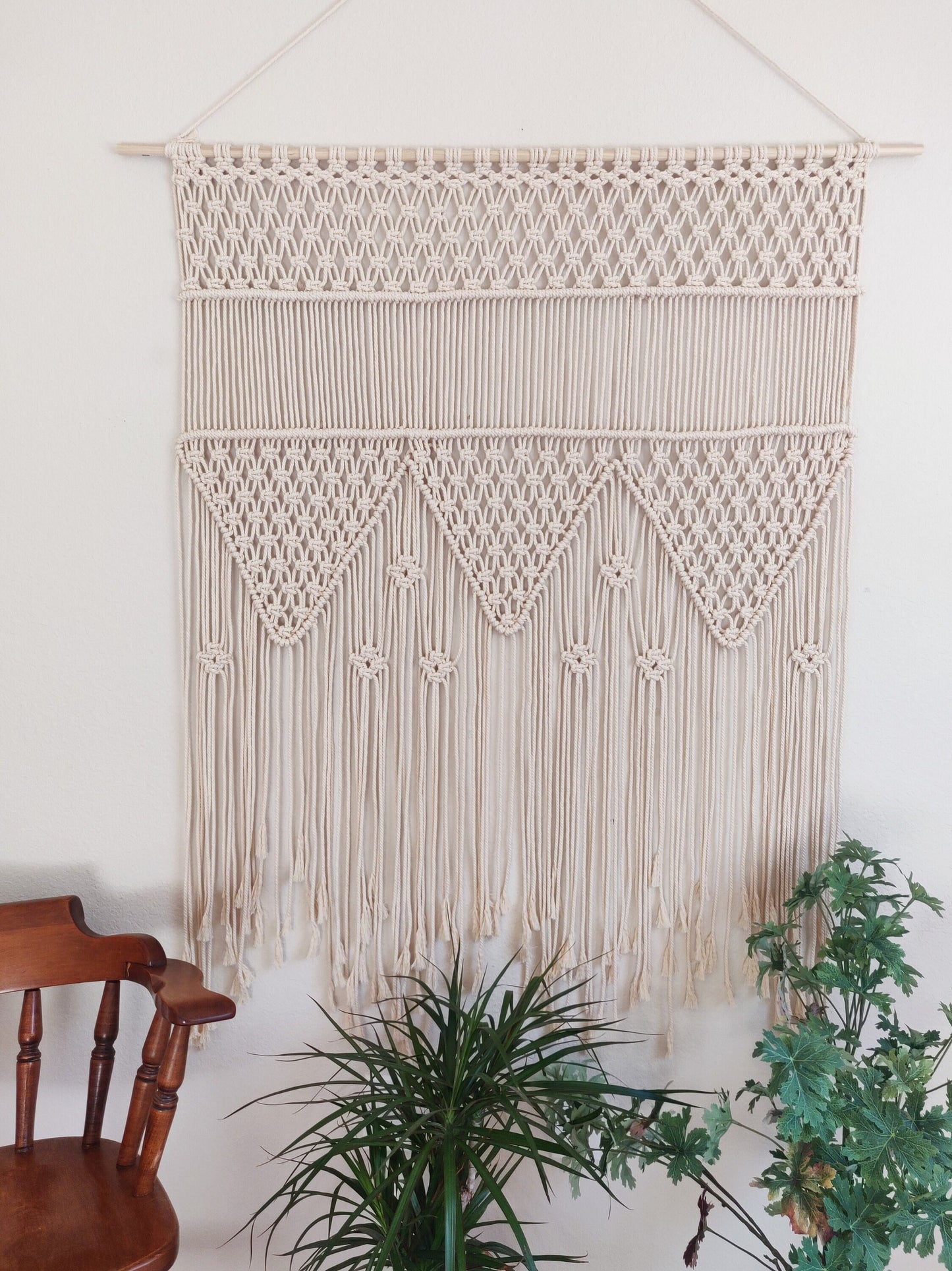 Large Macrame Neutral Color wall hanging, Handmade Macrame backdrop, Bohemian Handwoven Tapestry, Natural Cotton Cords on Wooden Dowel