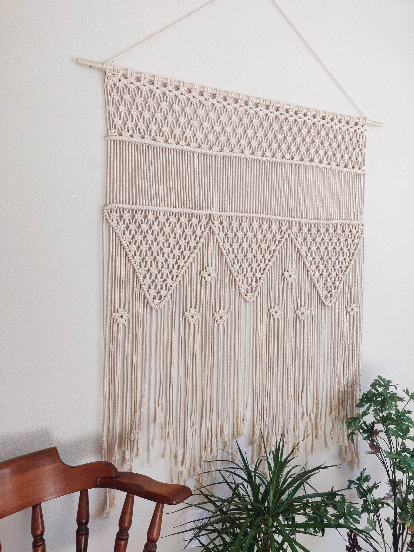 Large Macrame Neutral Color wall hanging, Handmade Macrame backdrop, Bohemian Handwoven Tapestry, Natural Cotton Cords on Wooden Dowel