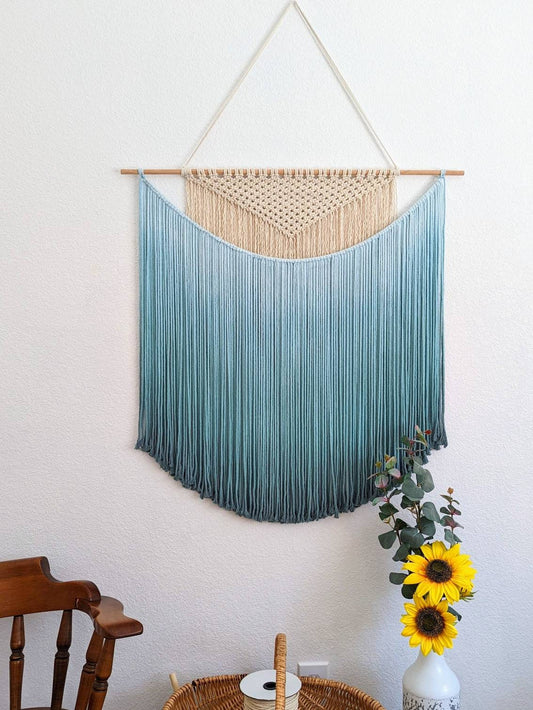 Handmade Macrame wall hanging in Ombre Teal Color, Bohemian home Decor, Handwoven and Dip-Dyed Tapestry, Chic Ombre Natural Cotton Art Piece