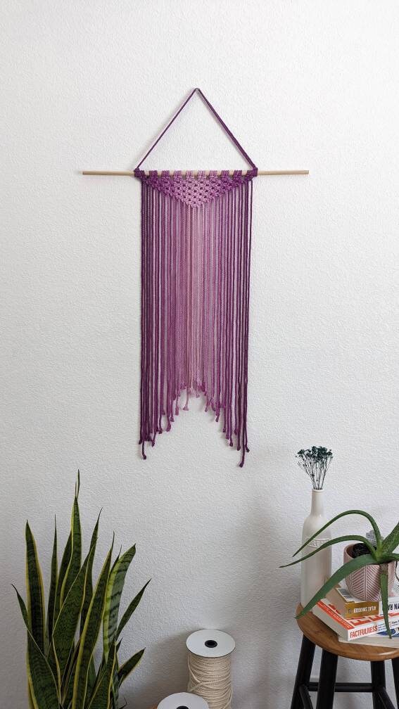 Large Handmade Minimalist wall hanging, Eggplant Boho Ombre tapestry, Macrame Art on wooden dowel with Cotton Cords, Chic design & Decor