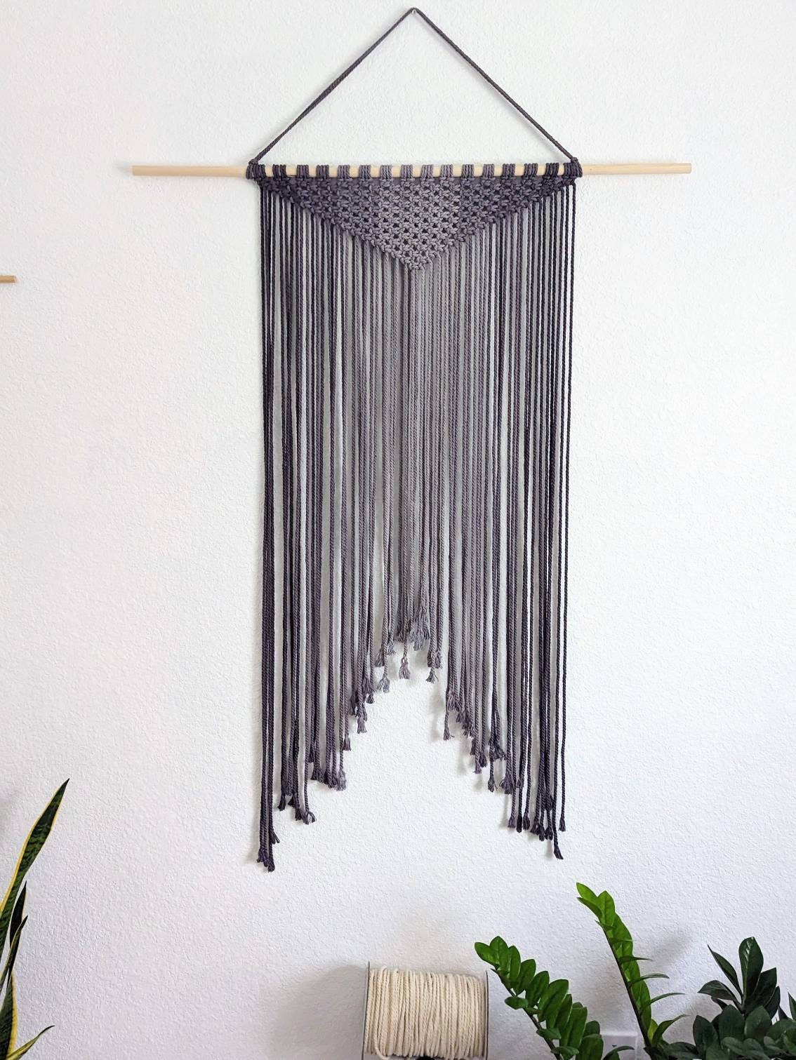 Large Handmade Minimalist wall hanging, Steel Gray Boho Ombre tapestry, Macrame Art on wooden dowel with Cotton Cords, Chic design & Decor