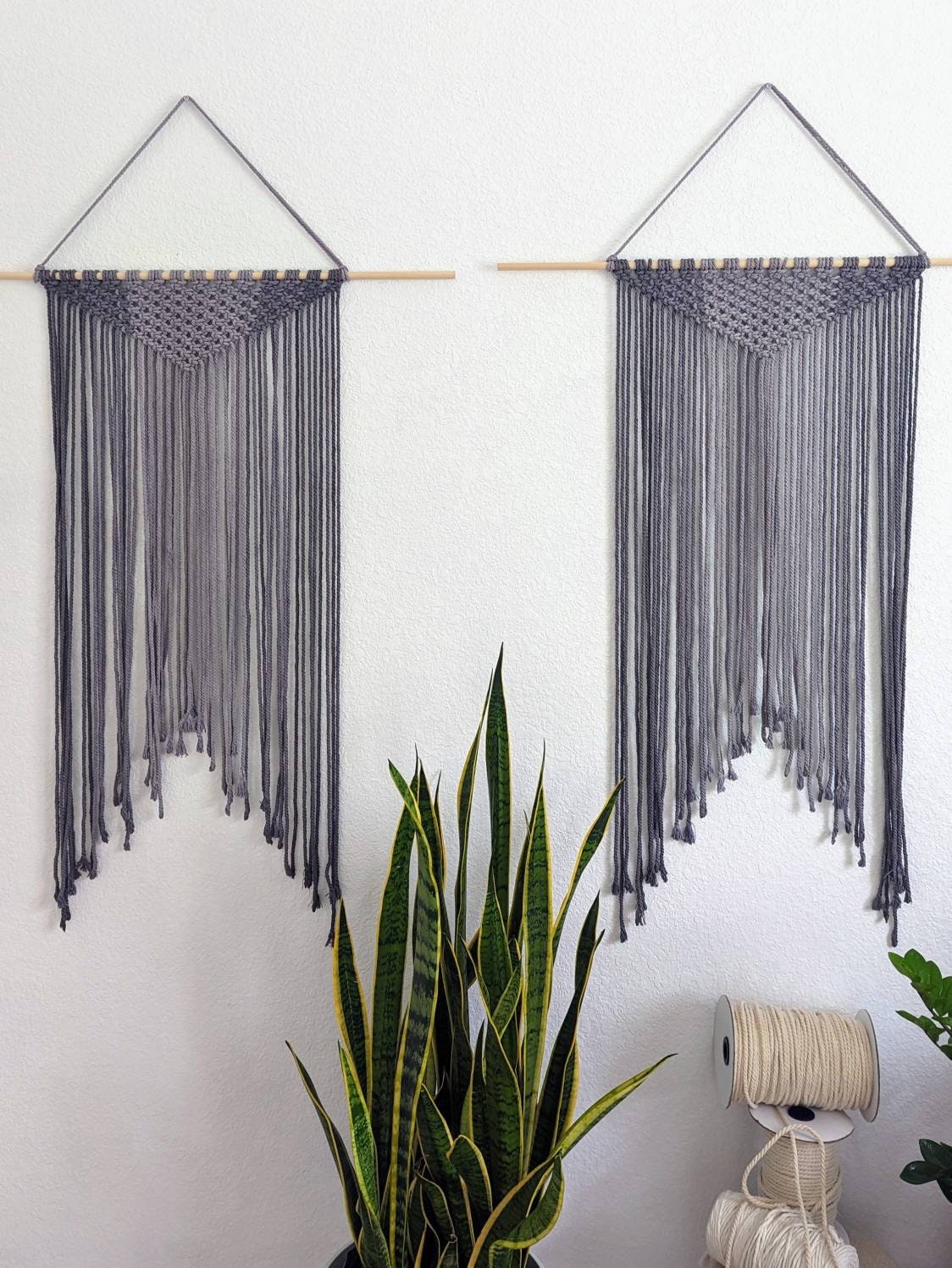 Large Handmade Minimalist wall hanging, Steel Gray Boho Ombre tapestry, Macrame Art on wooden dowel with Cotton Cords, Chic design & Decor