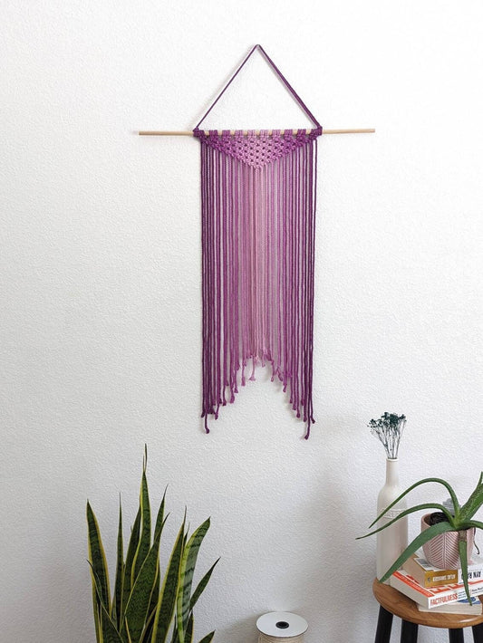 Large Handmade Minimalist wall hanging, Eggplant Boho Ombre tapestry, Macrame Art on wooden dowel with Cotton Cords, Chic design & Decor