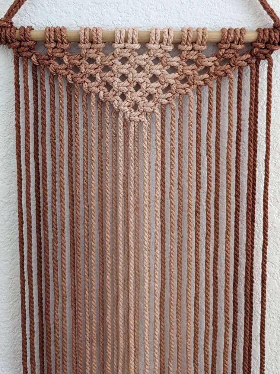 Large Handmade Minimalist wall hanging, Beige and Brown Boho Ombre tapestry, Macrame Art on wooden dowel + Cotton Cords, Chic design & Decor