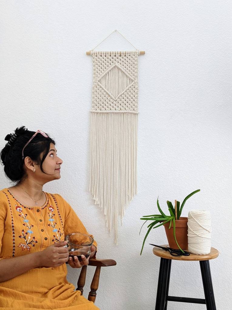 Macrame handmade Wall Hanging, Bohemian style Handwoven Tapestry, Natural cotton on wooden dowel, Minimalist Textile Art, Chic Macrame Art