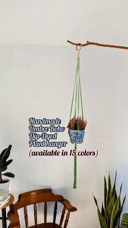 Handmade and Dip-Dyed Macrame Plant Hanger Art - 'Ivy', Handwoven Ombre Colored Plant Hanging with Tassels, Sustainable Cotton Cords