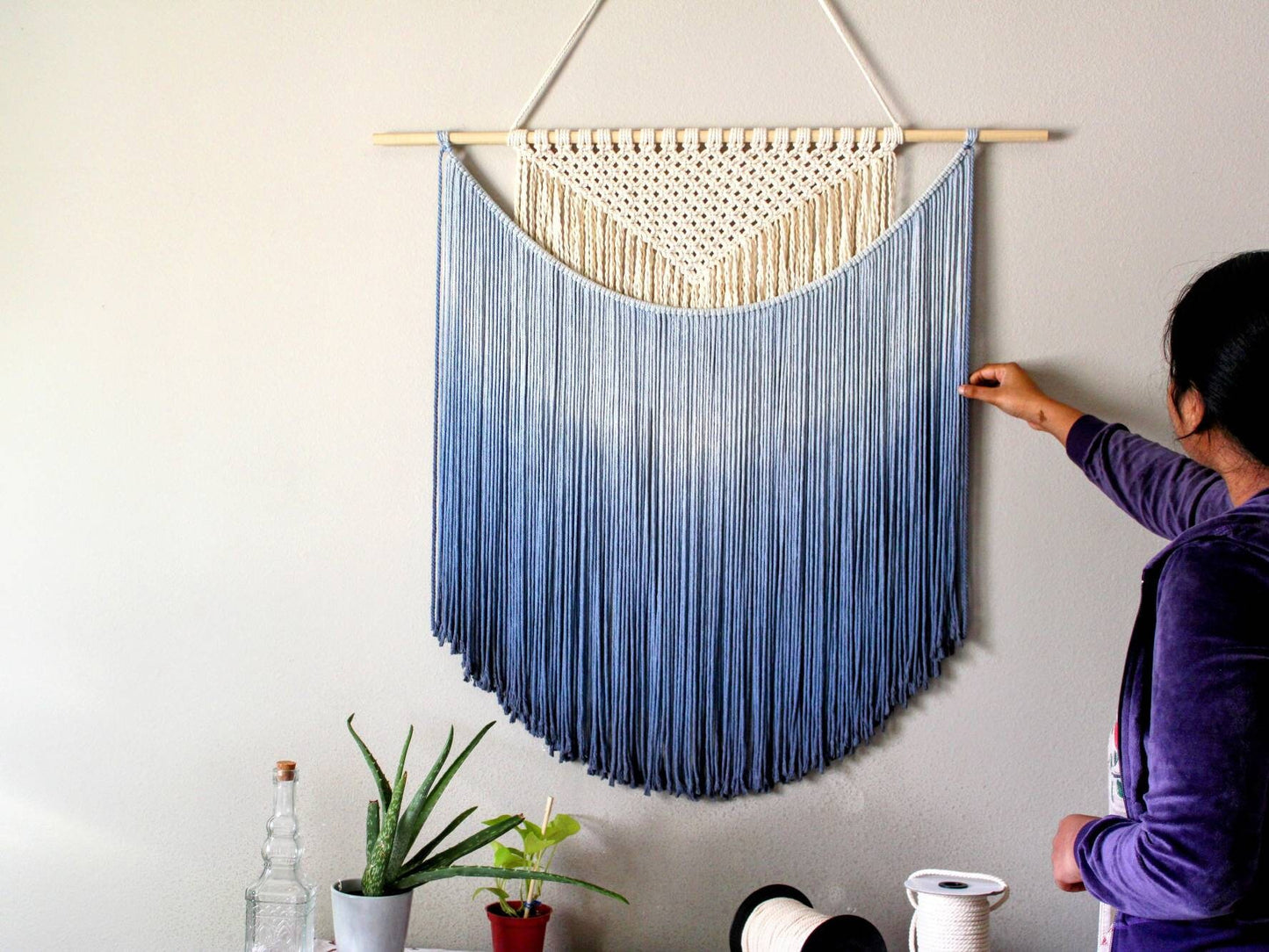 Handmade Macrame wall hanging in Ombre Royal Blue, Bohemian home Decor, Handwoven and Dip-Dyed Tapestry, Chic Ombre Natural Cotton Art Piece